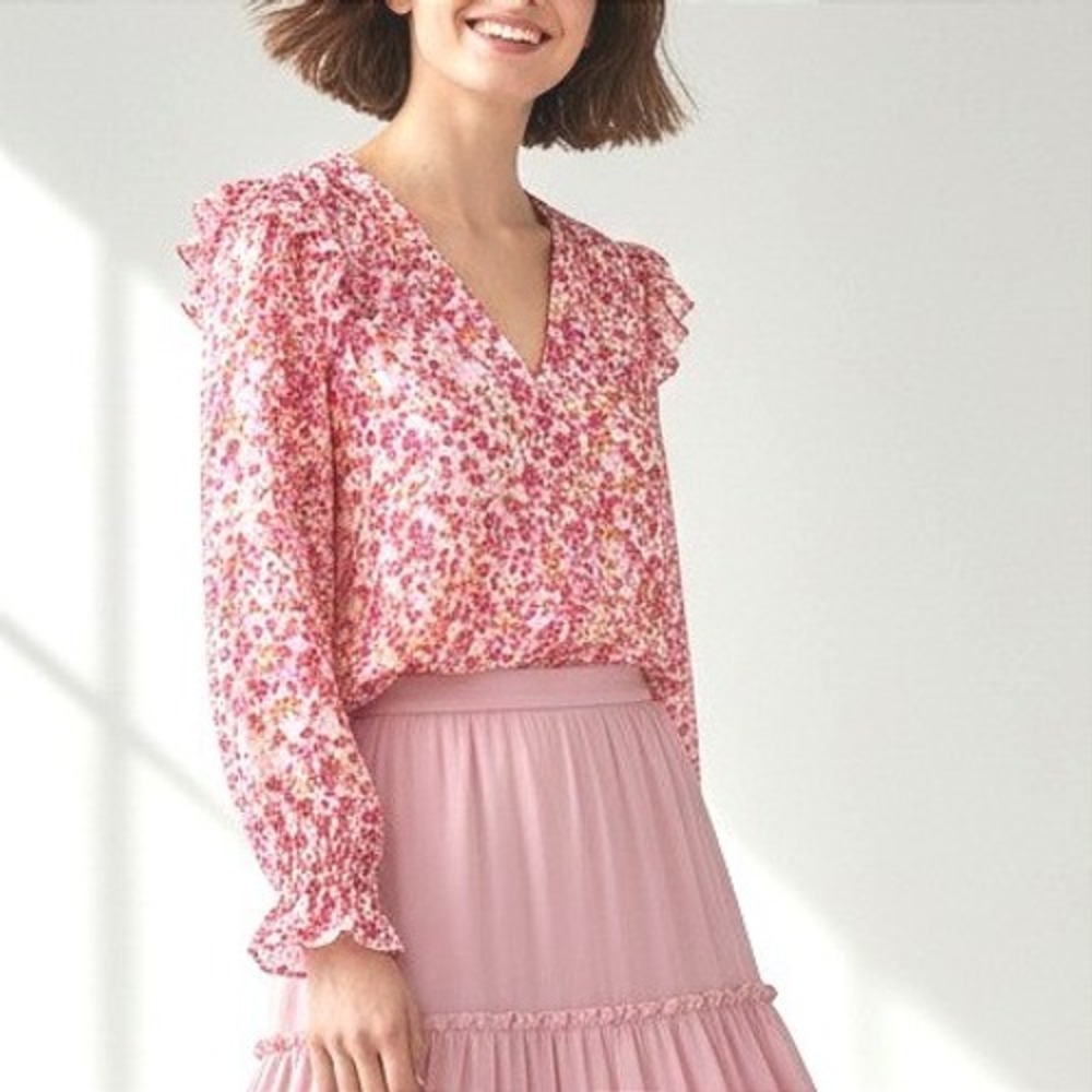 J.Crew Womens Pink‎ Floral Ruffle V-Neck Blouse Top BK428 Medium NEW